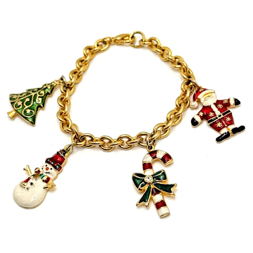 Vintage Christmas Charm Bracelet Gold Tone Enamel Santa Tree Snowman Candy Cane